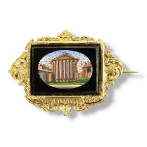 Micromosaïque - Broche Avec Temple De Vesta - Italie 19ème Siècle